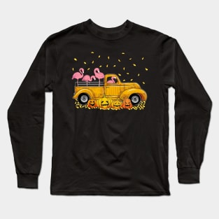 Yellow Car Truck Flamingos And Pumpkins Halloween Long Sleeve T-Shirt